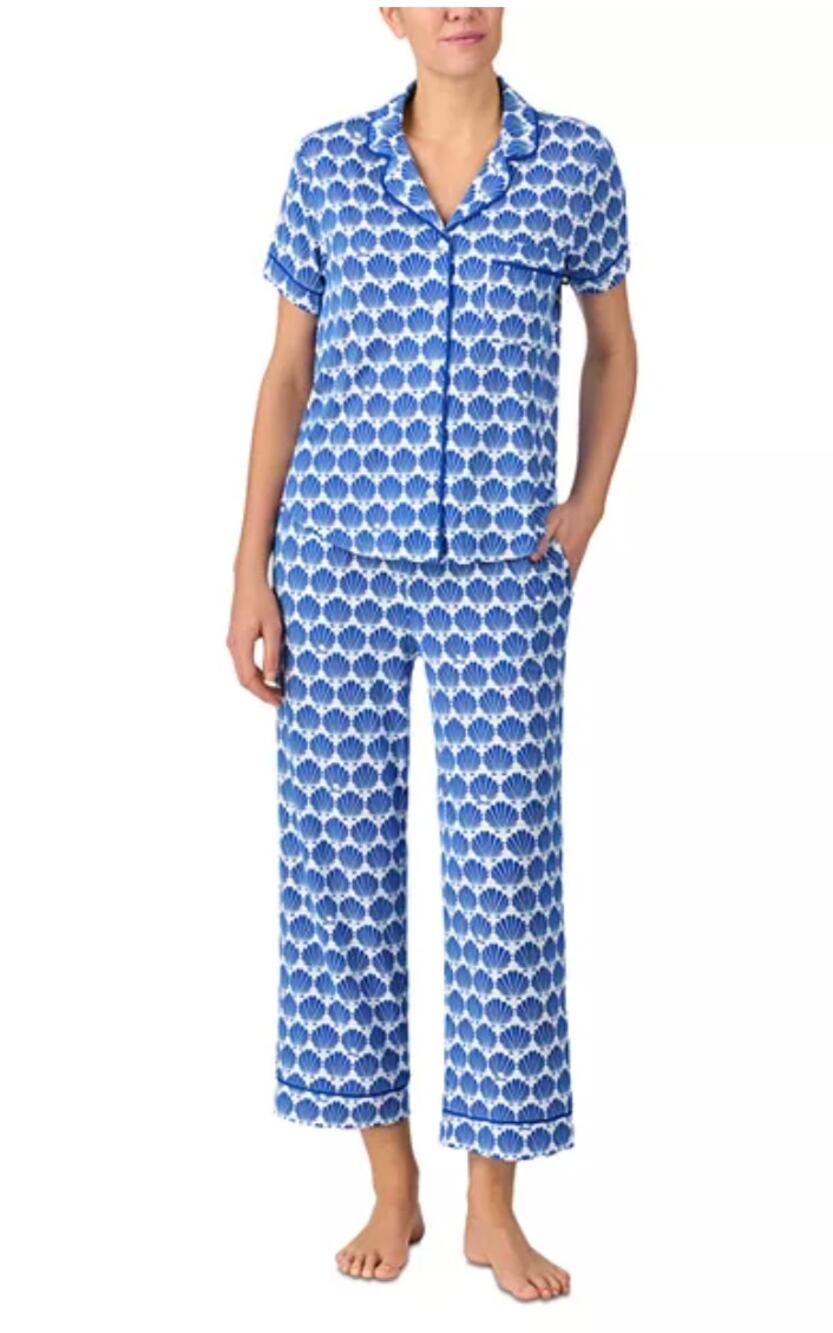 Kate Spade New York Seashell Print Pajama Set Large Blue White Button Up Pants